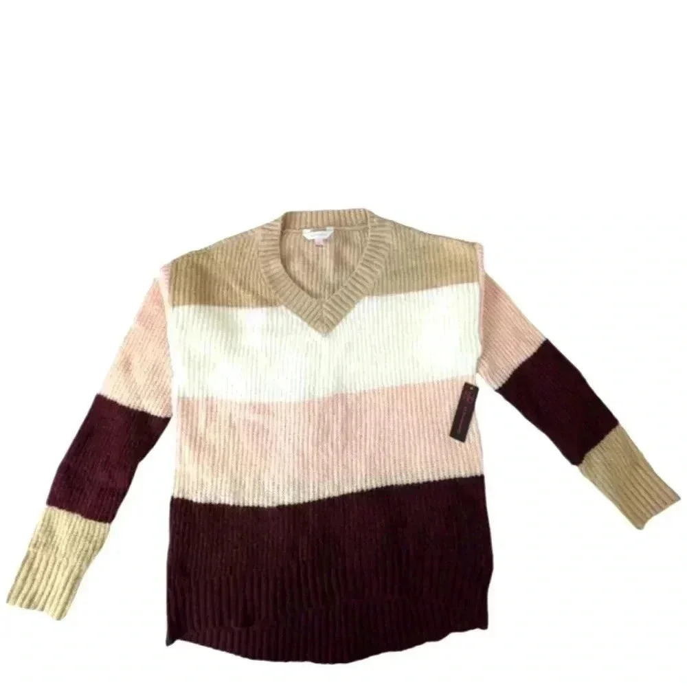 NWT No Boundaries Bohemian V-Neck  Color Block Knit Long Sleeve Sweater SZ M